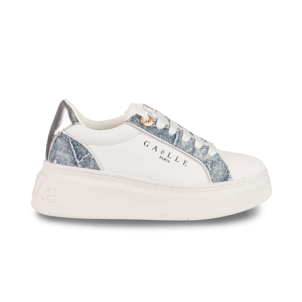 SNEAKERS DONNA GAELLE MOD. "NEW ADDICT" CON INSERTI DENIM - COL. BIANCO / ARGENTO