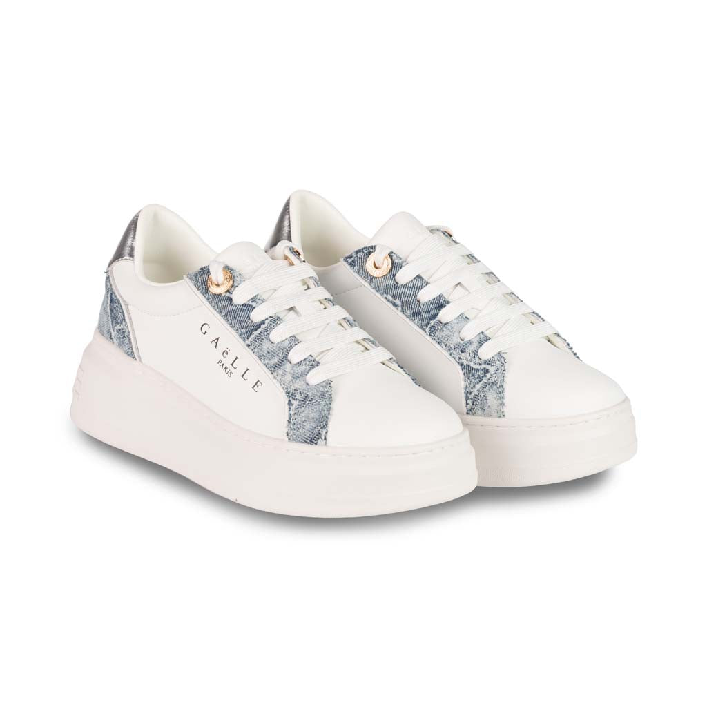 SNEAKERS DONNA GAELLE MOD. "NEW ADDICT" CON INSERTI DENIM - COL. BIANCO / ARGENTO