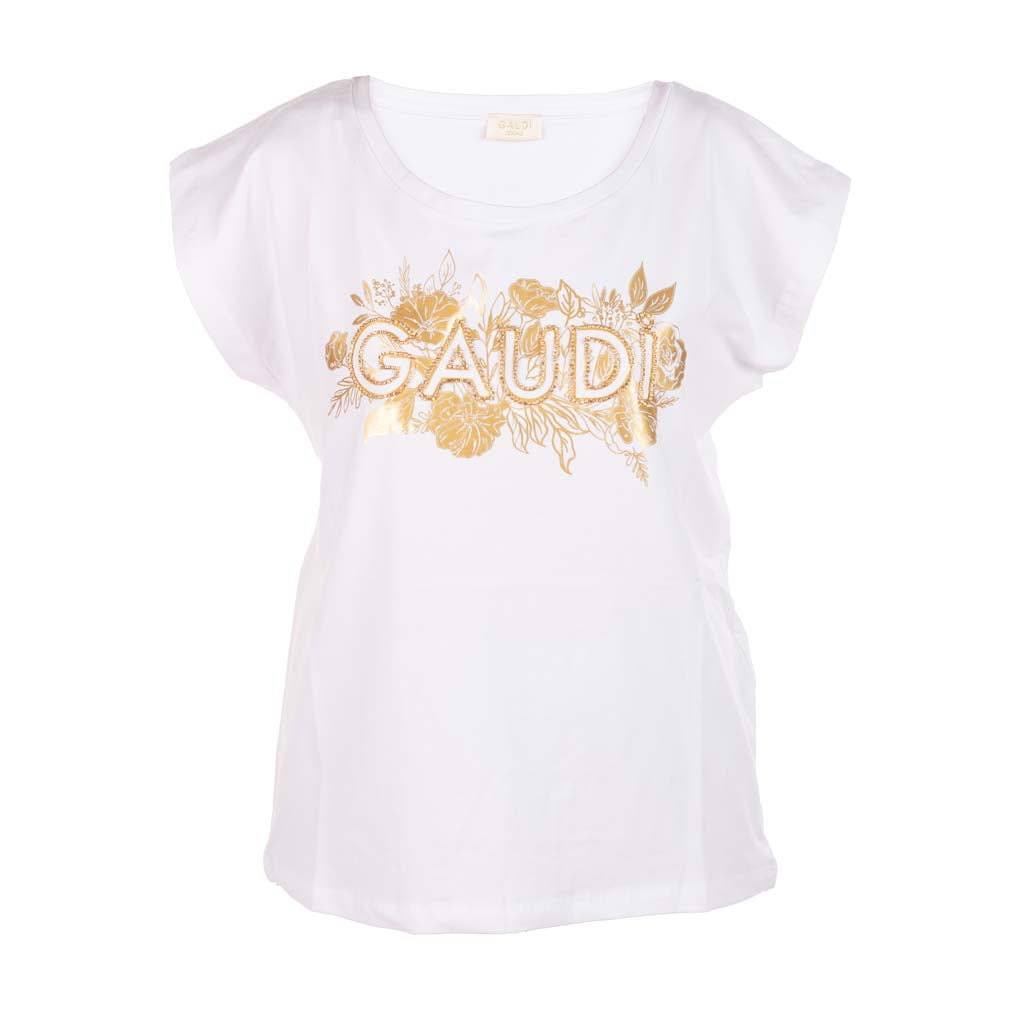 T-SHIRT DONNA GAUDI' CON STAMPA LOGATA LAMINATA - COL. BIANCO