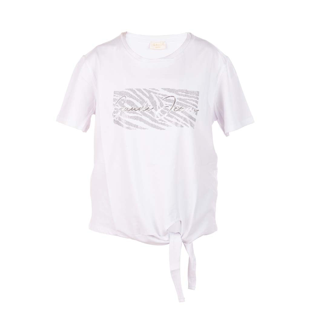 T-SHIRT DONNA GAUDI' CON STAMPA E NODO AL FONDO - Colori disponibili: 2