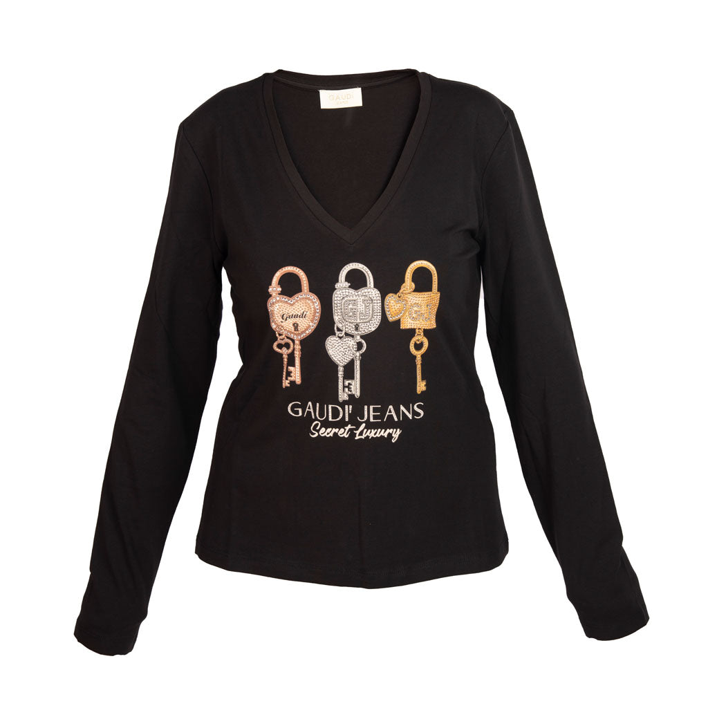 T-SHIRT DONNA GAUDì CON SCOLLO A V E STAMPA GRAFICA CON STRASS - Colori disponibili: 2