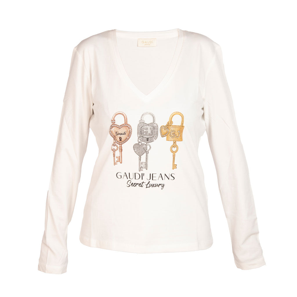 T-SHIRT DONNA GAUDì CON SCOLLO A V E STAMPA GRAFICA CON STRASS - Colori disponibili: 2