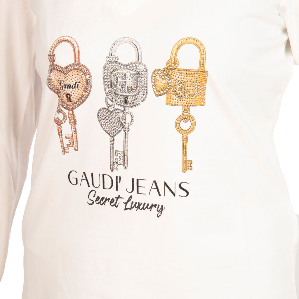 T-SHIRT DONNA GAUDì CON SCOLLO A V E STAMPA GRAFICA CON STRASS - Colori disponibili: 2