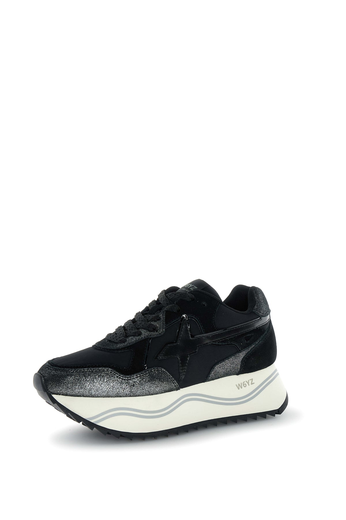 SNEAKERS DONNA W6YZ MOD. "DEVA" IN PELLE E TESSUTO CON GLITTER - COL. NERO