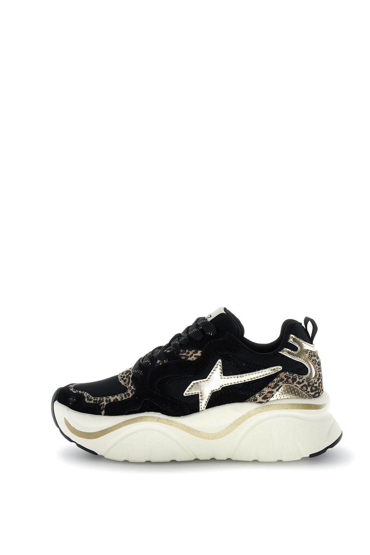 SNEAKERS DONNA W6YZ MOD. "MIA" IN PELLE E TESSUTO CON DETTAGLI ANIMALIER - COL. NERO / BIANCO / PLATINO