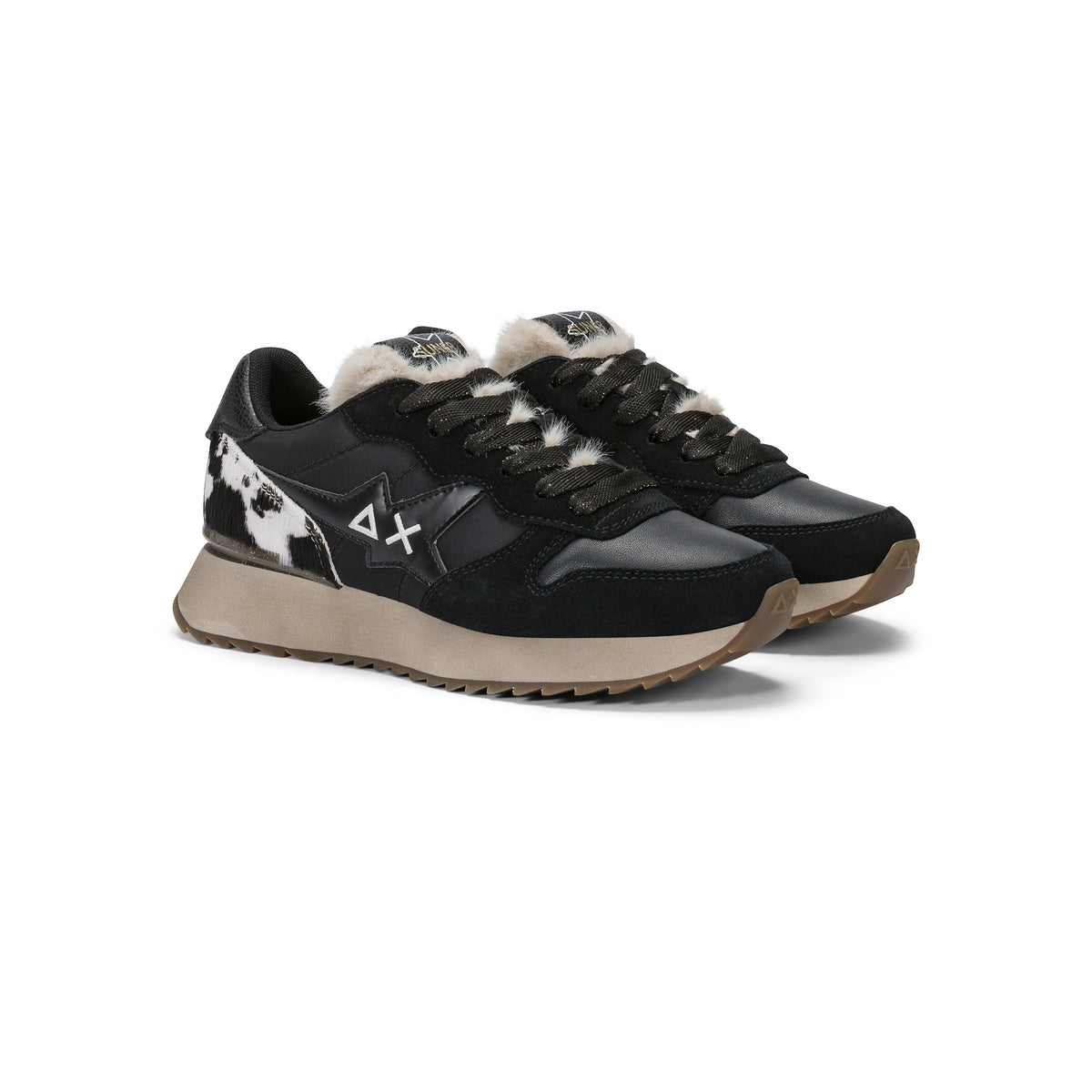 SNEAKERS DONNA SUN68 MOD. "STARGIRL" ANIMALIER IN NYLON E SUEDE - COL. NERO