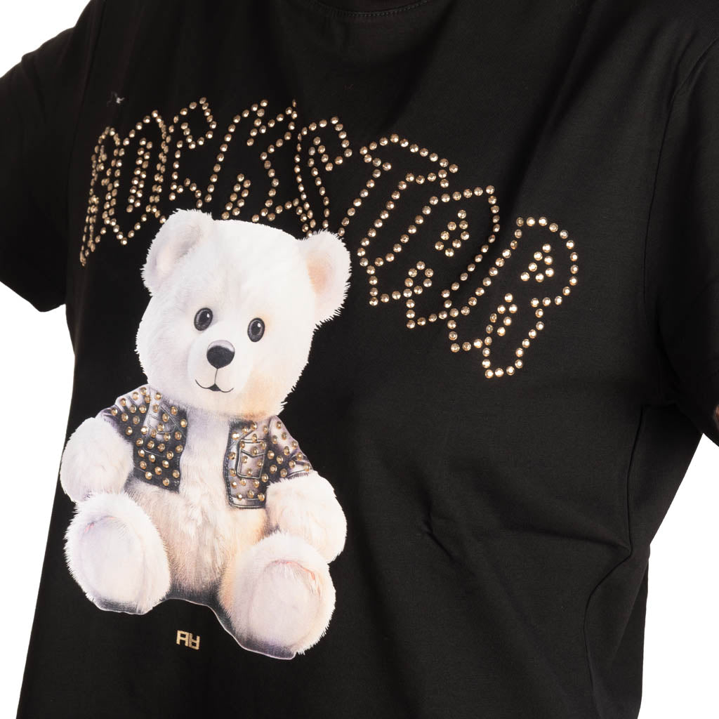 T-SHIRT DONNA ARTIGLI CON STAMPA  E BORCHIE ROCKSTAR FRONTALE - COL. NERO