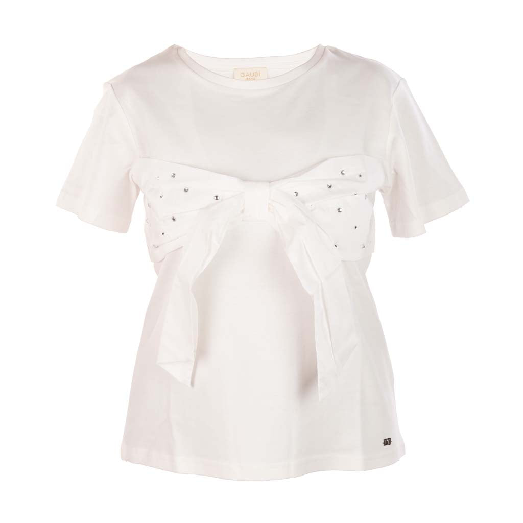 T-SHIRT DONNA GAUDI' CON FIOCCO E STRASS - Colori disponibili: 2