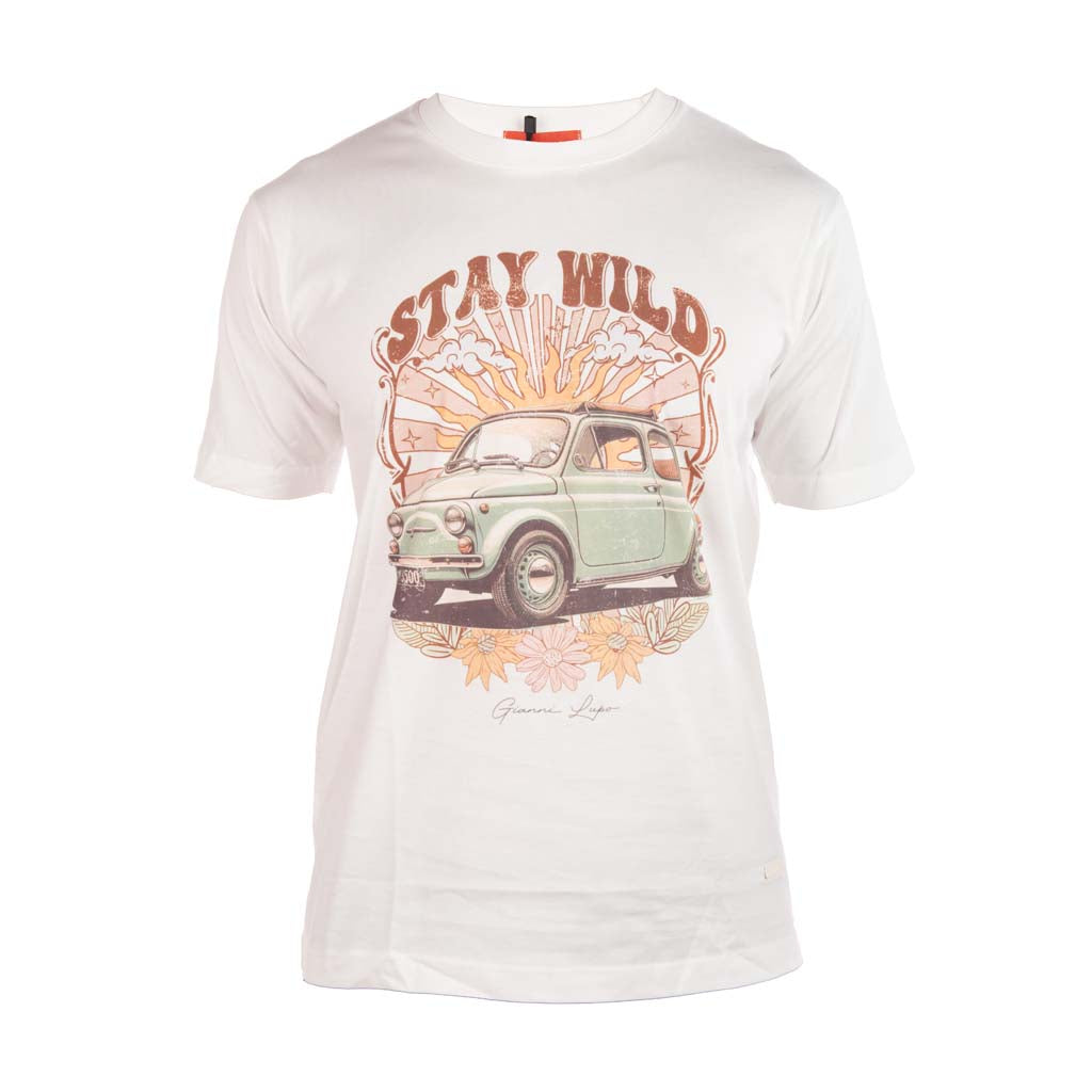 T-SHIRT UOMO GIANNI LUPO CON STAMPA VINTAGE "STAY WILD" - COL. BIANCO