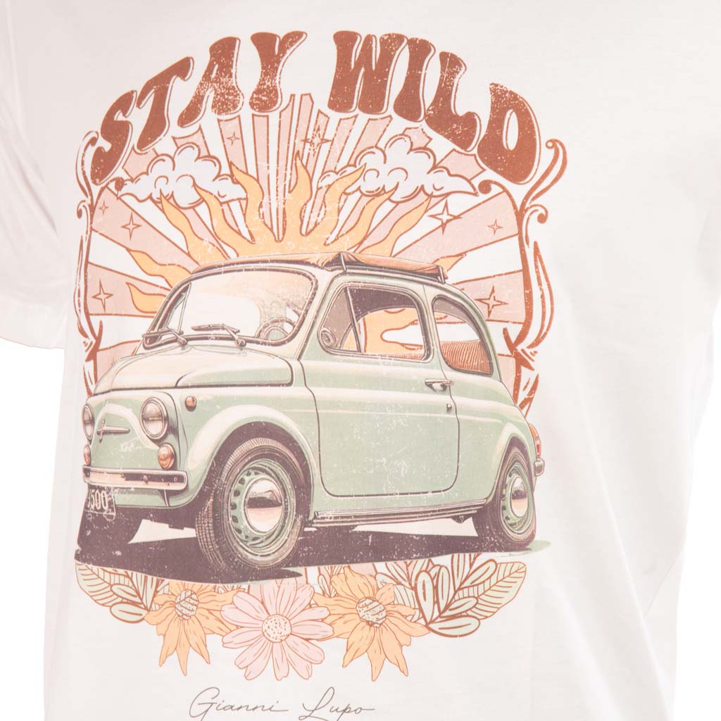 T-SHIRT UOMO GIANNI LUPO CON STAMPA VINTAGE "STAY WILD" - COL. BIANCO