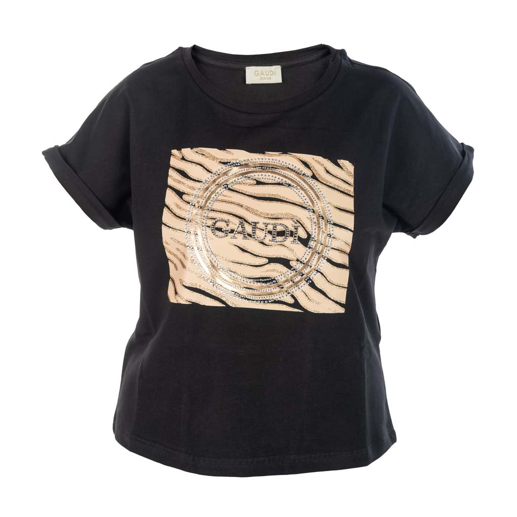 T-SHIRT DONNA GAUDI' CON STAMPA ZEBRATA E STRASS - Colori disponibili: 2
