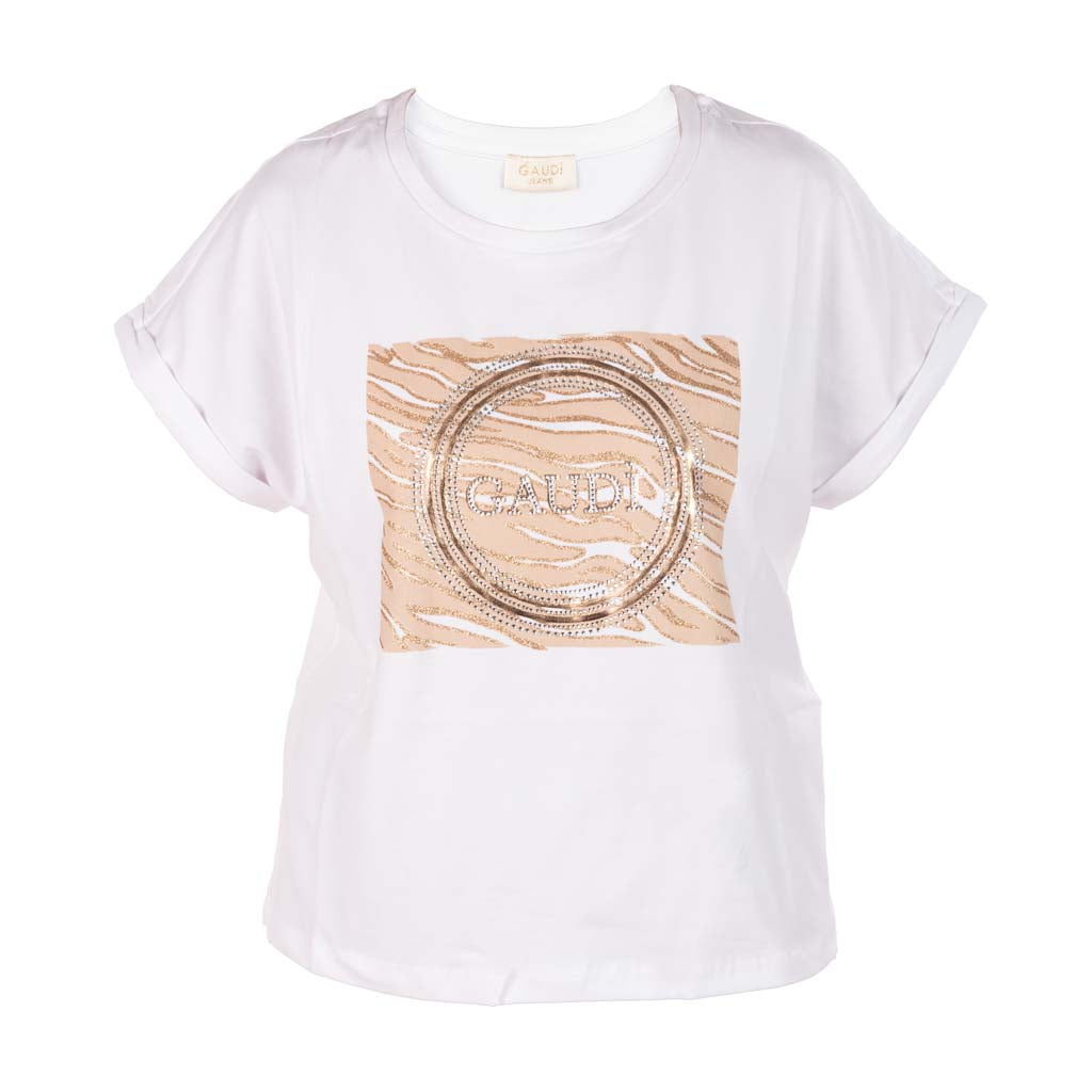 T-SHIRT DONNA GAUDI' CON STAMPA ZEBRATA E STRASS - Colori disponibili: 2