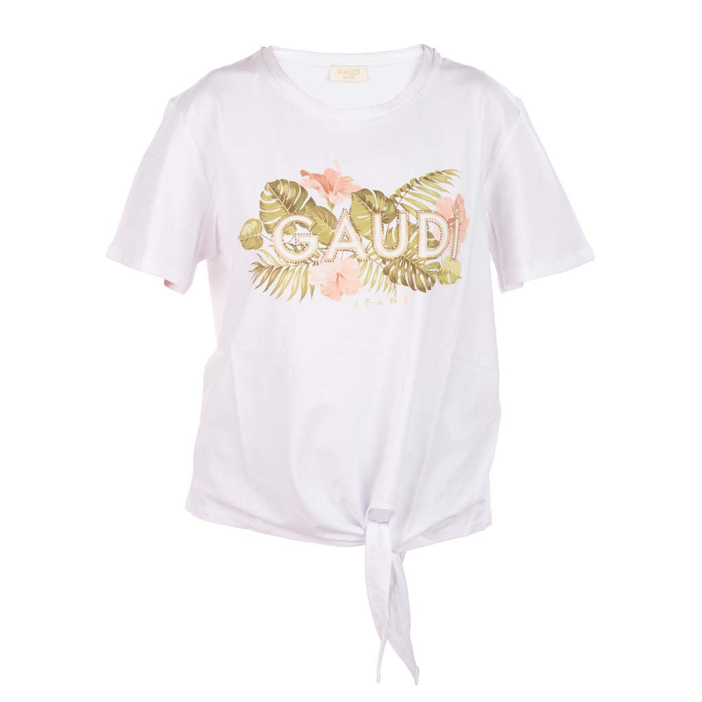 T-SHIRT DONNA GAUDI' CON STAMPA LOGO FLOREALE E NODO - Colori disponibili: 2