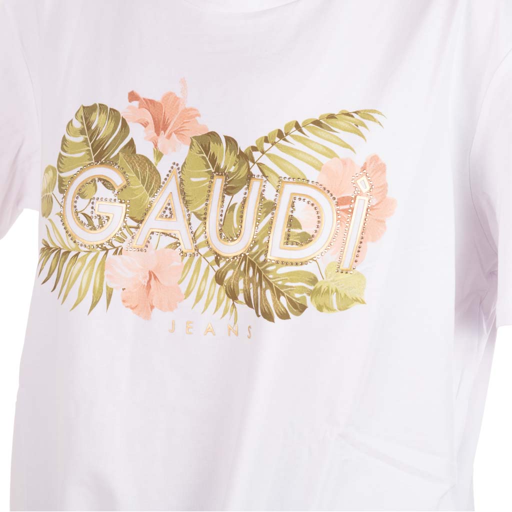 T-SHIRT DONNA GAUDI' CON STAMPA LOGO FLOREALE E NODO - Colori disponibili: 2