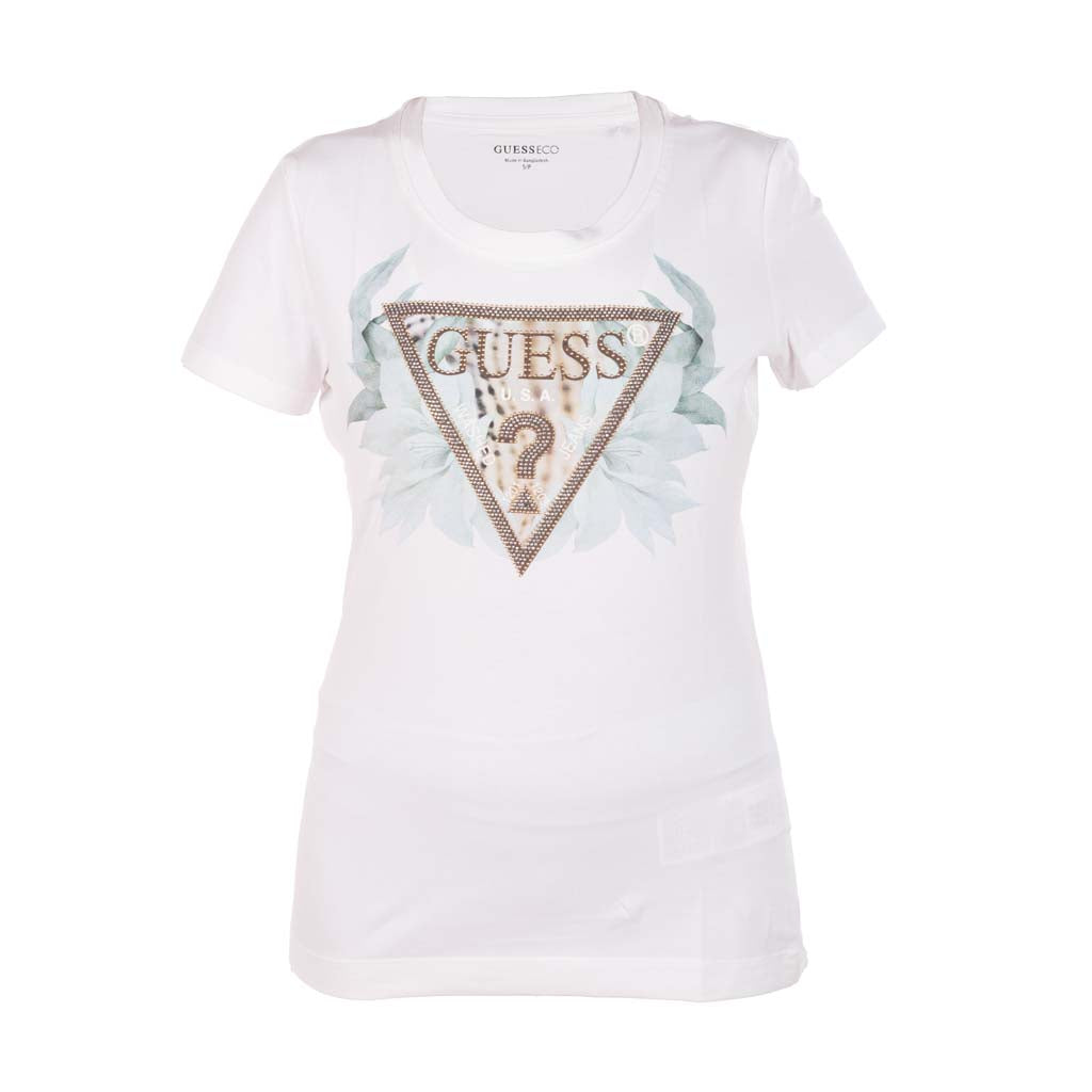 T-SHIRT DONNA GUESS CON STAMPA FLOREALE E LOGO - COL. BIANCO
