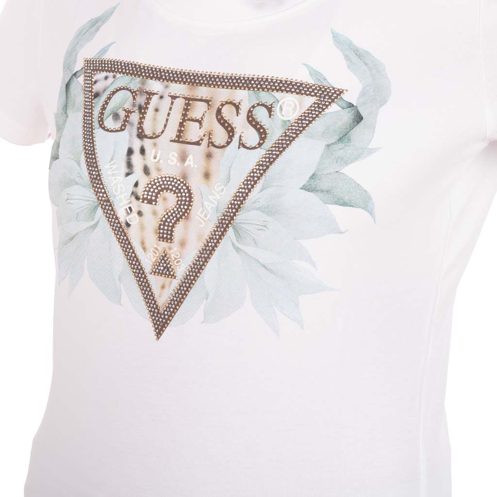 T-SHIRT DONNA GUESS CON STAMPA FLOREALE E LOGO - COL. BIANCO