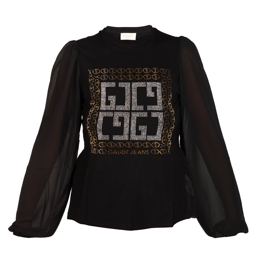 T-SHIRT DONNA GAUDI' IN JERSEY E GEORGETTE CON LOGO - COL. NERO