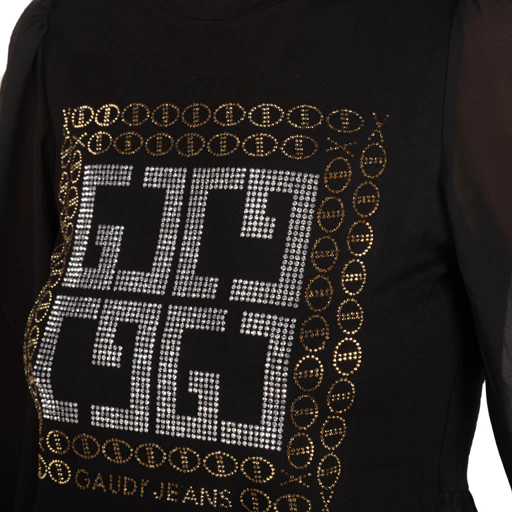 T-SHIRT DONNA GAUDI' IN JERSEY E GEORGETTE CON LOGO - COL. NERO