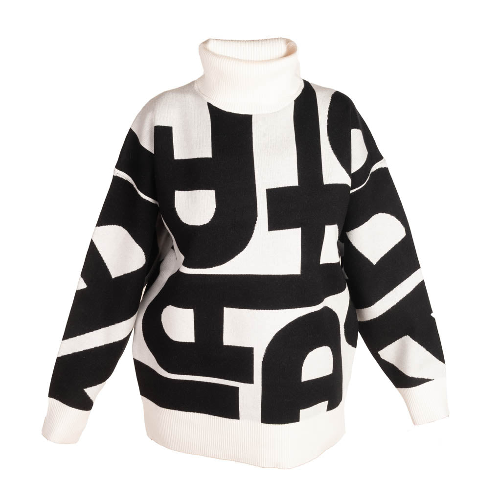 MAGLIONE DONNA ARTIGLI CON COLLO ALTO E LETTERING - COL. AVORIO / NERO