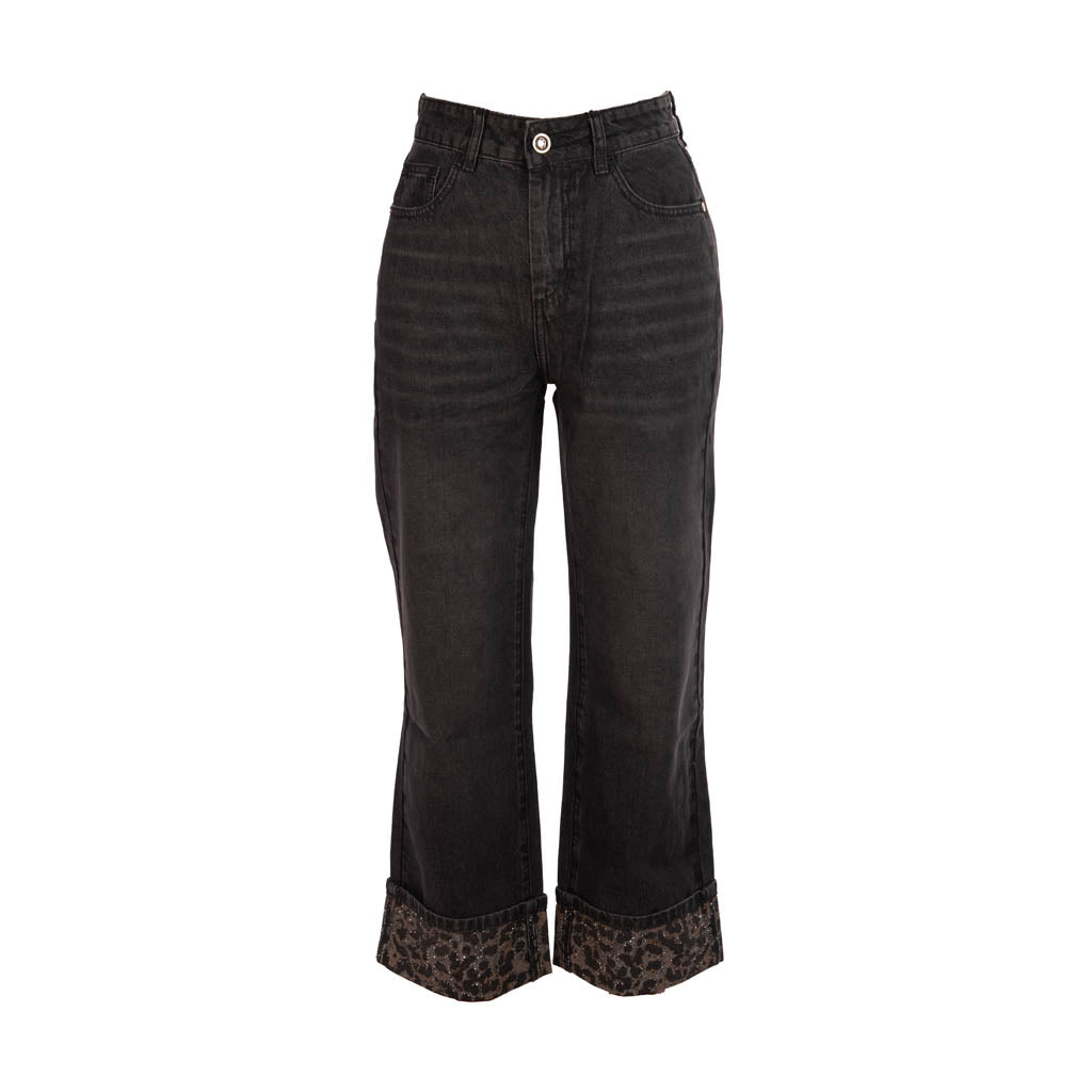 JEANS DONNA GAUDì STRAIGHT FIT CON RISVOLTO ANIMALIER - COL. NERO
