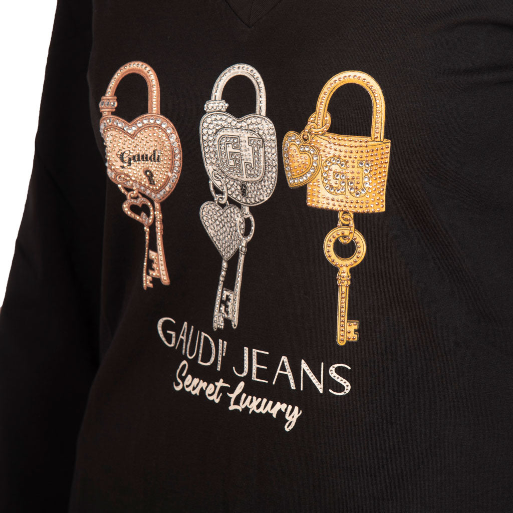 T-SHIRT DONNA GAUDì CON SCOLLO A V E STAMPA GRAFICA CON STRASS - Colori disponibili: 2