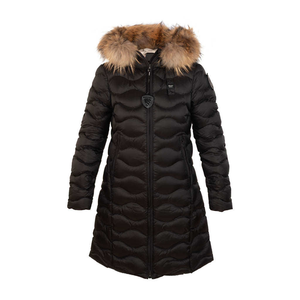 PIUMINO LUNGO DONNA A ONDE CON PELLICCIA MOD. "LYNEL" - COL. NERO / INT. BEIGE