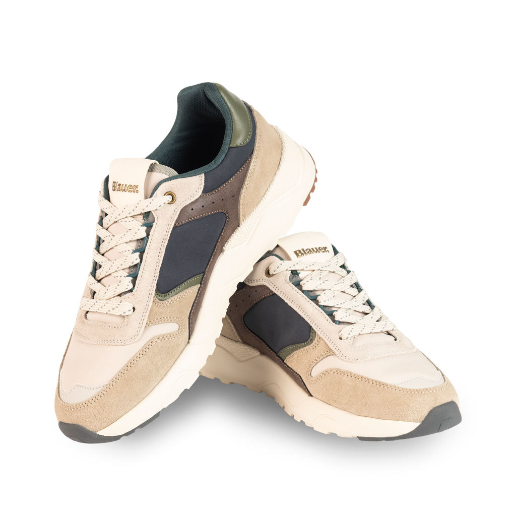 SNEAKERS UOMO BLAUER IN CAMOSCIO CON LOGO SCUDO - COL. CREMA / NAVY