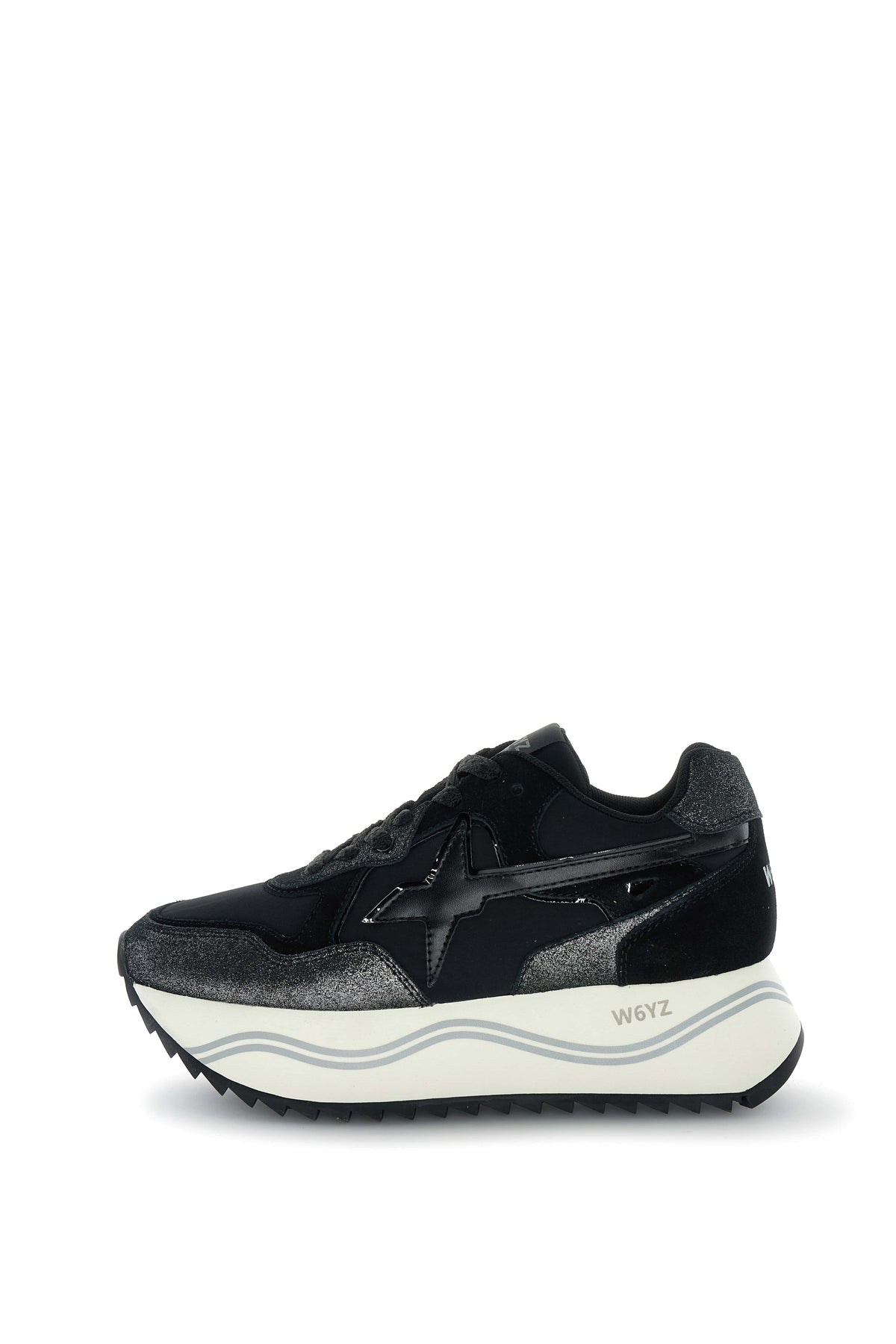 SNEAKERS DONNA W6YZ MOD. "DEVA" IN PELLE E TESSUTO CON GLITTER - COL. NERO