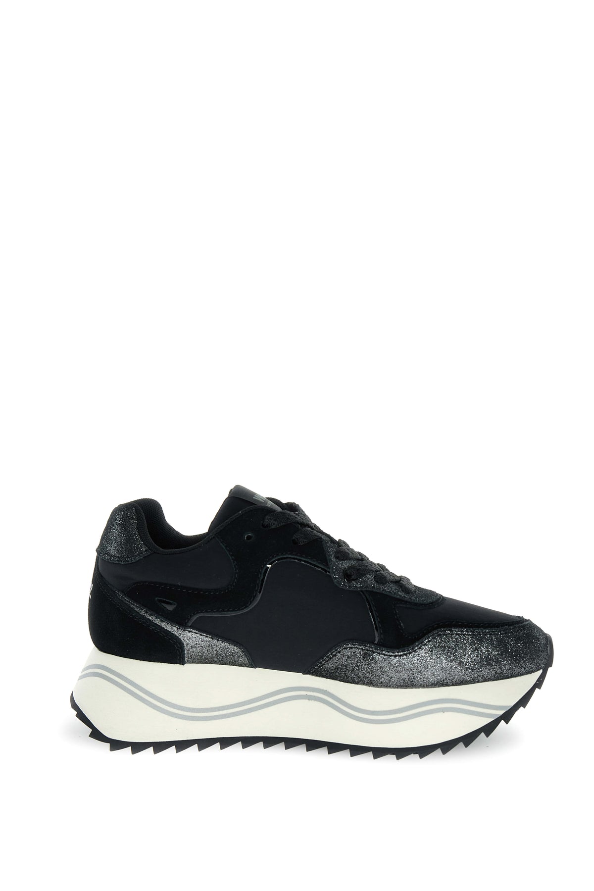 SNEAKERS DONNA W6YZ MOD. "DEVA" IN PELLE E TESSUTO CON GLITTER - COL. NERO