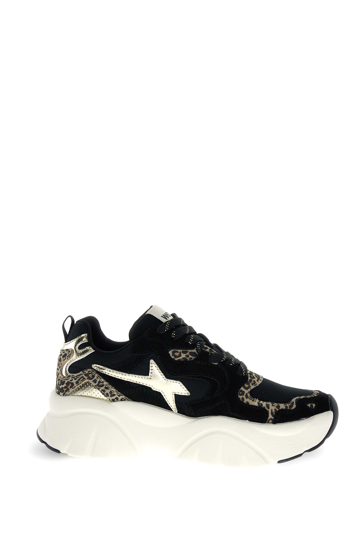 SNEAKERS DONNA W6YZ MOD. "MIA" IN PELLE E TESSUTO CON DETTAGLI ANIMALIER - COL. NERO / BIANCO / PLATINO