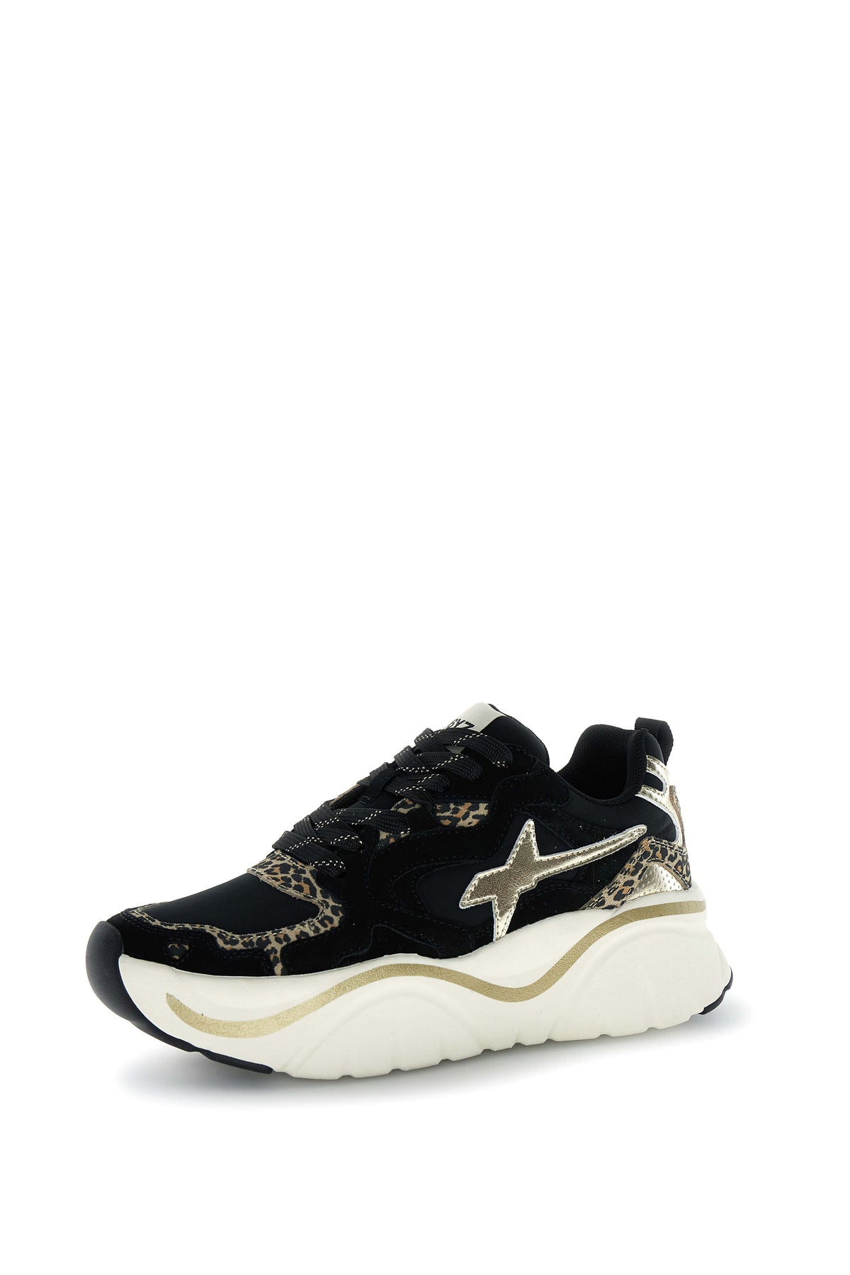 SNEAKERS DONNA W6YZ MOD. "MIA" IN PELLE E TESSUTO CON DETTAGLI ANIMALIER - COL. NERO / BIANCO / PLATINO