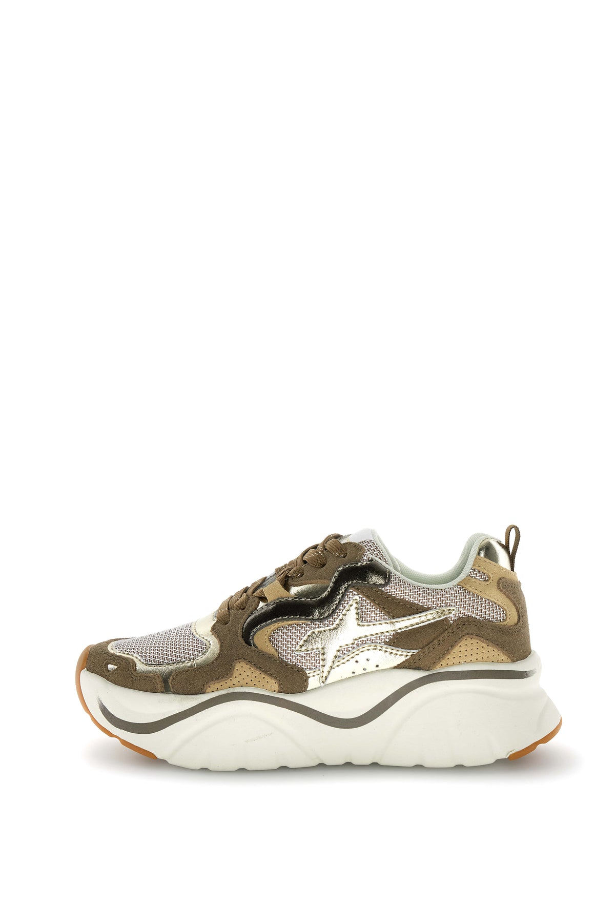 SNEAKERS DONNA W6YZ MOD. "MIA" IN PELLE E TESSUTO - COL. TORTORA / ORO