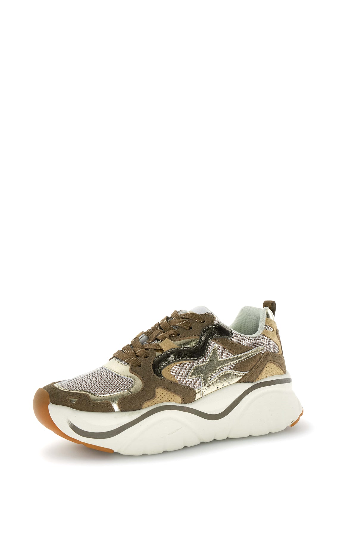 SNEAKERS DONNA W6YZ MOD. "MIA" IN PELLE E TESSUTO - COL. TORTORA / ORO