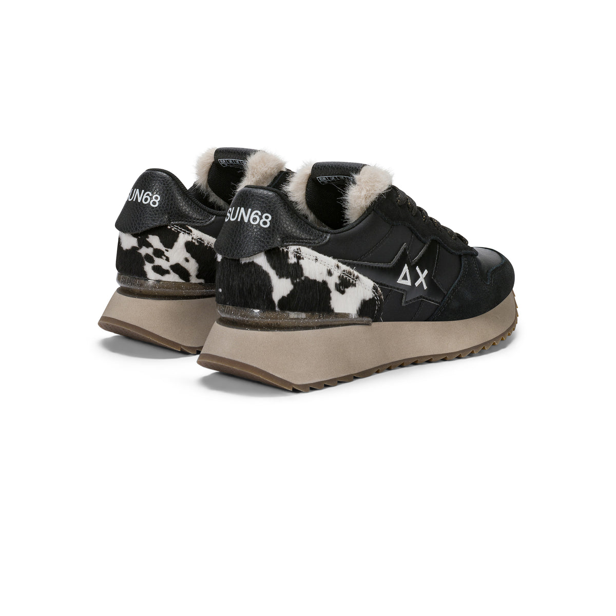 SNEAKERS DONNA SUN68 MOD. "STARGIRL" ANIMALIER IN NYLON E SUEDE - COL. NERO