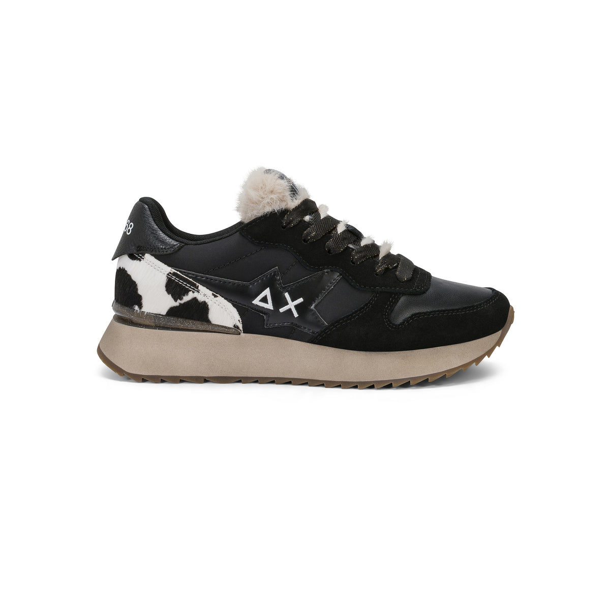 SNEAKERS DONNA SUN68 MOD. "STARGIRL" ANIMALIER IN NYLON E SUEDE - COL. NERO