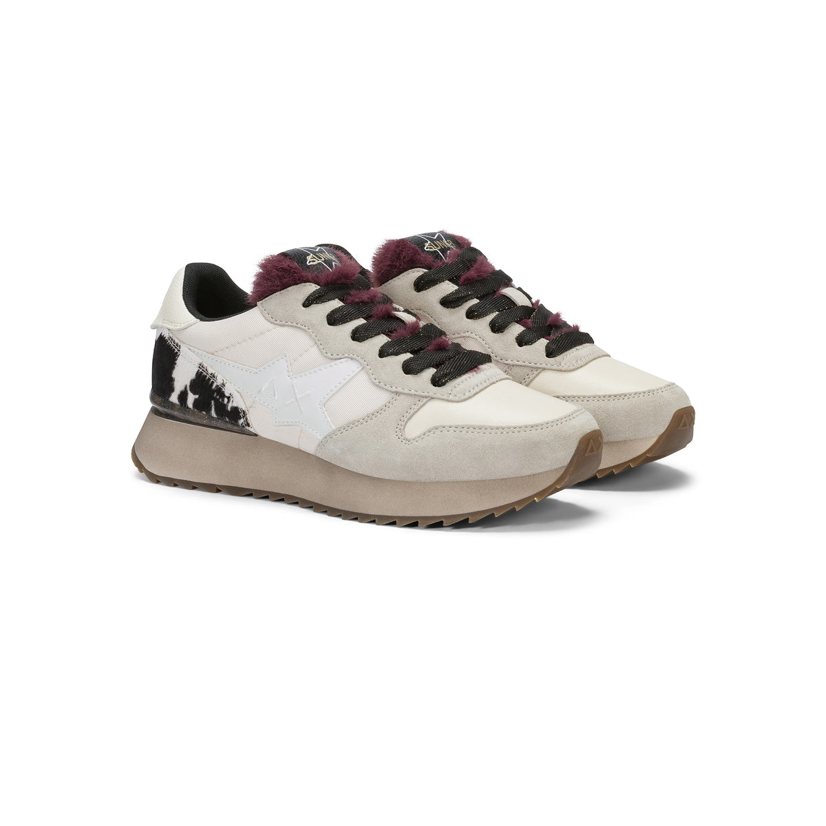 SNEAKERS DONNA SUN68 MOD. "STARGIRL" ANIMALIER IN NYLON E SUEDE - COL. BIANCO PANNA