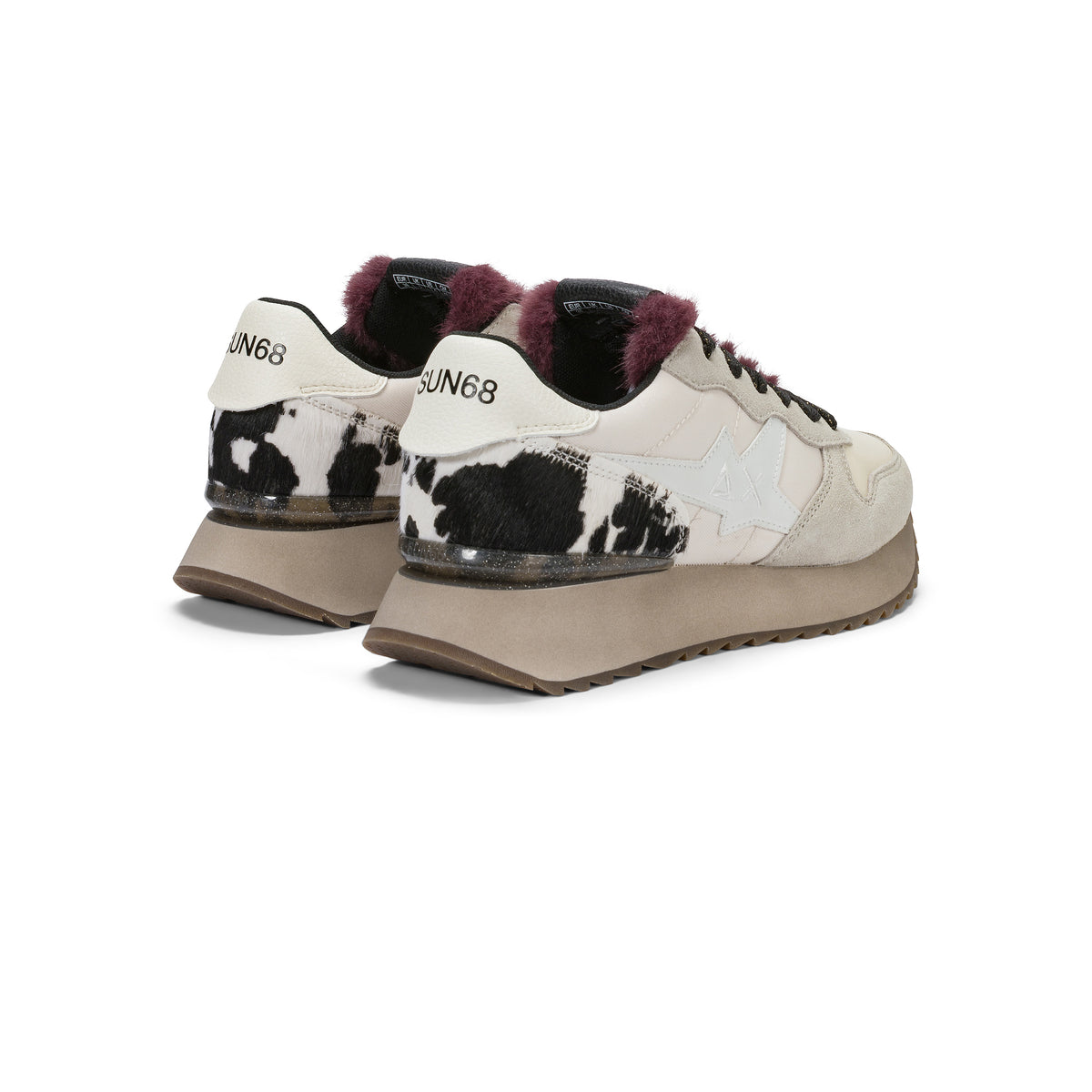SNEAKERS DONNA SUN68 MOD. "STARGIRL" ANIMALIER IN NYLON E SUEDE - COL. BIANCO PANNA