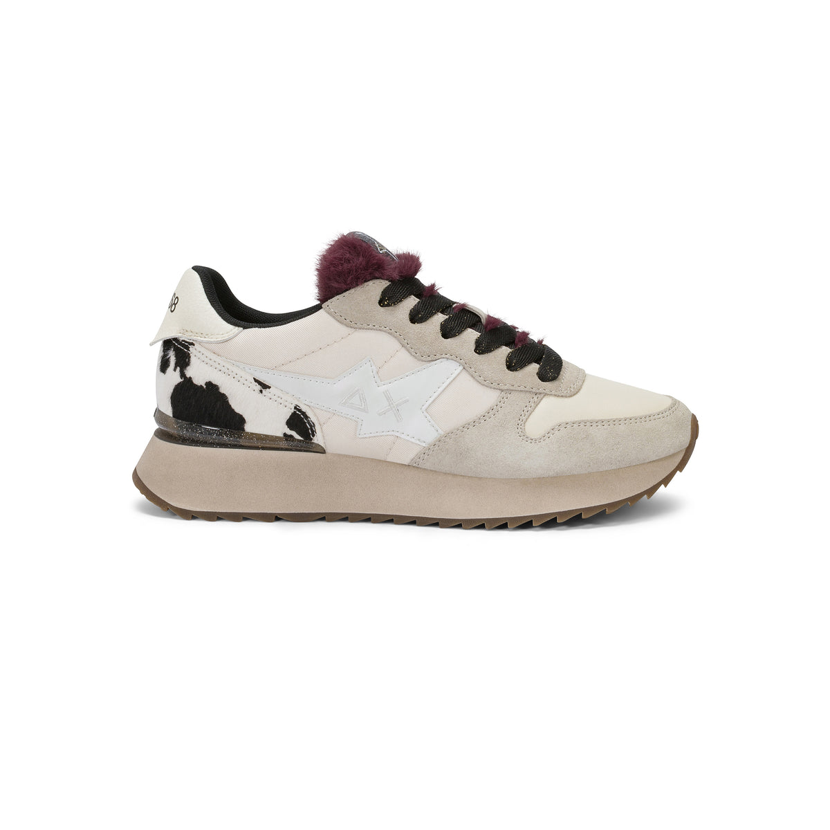SNEAKERS DONNA SUN68 MOD. "STARGIRL" ANIMALIER IN NYLON E SUEDE - COL. BIANCO PANNA